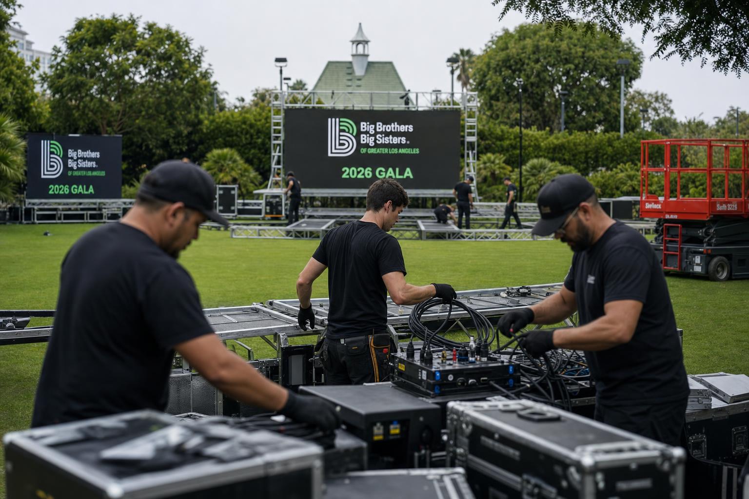 MMPAV AV crew setting up staging and road cases on the lawn before an outdoor corporate gala event