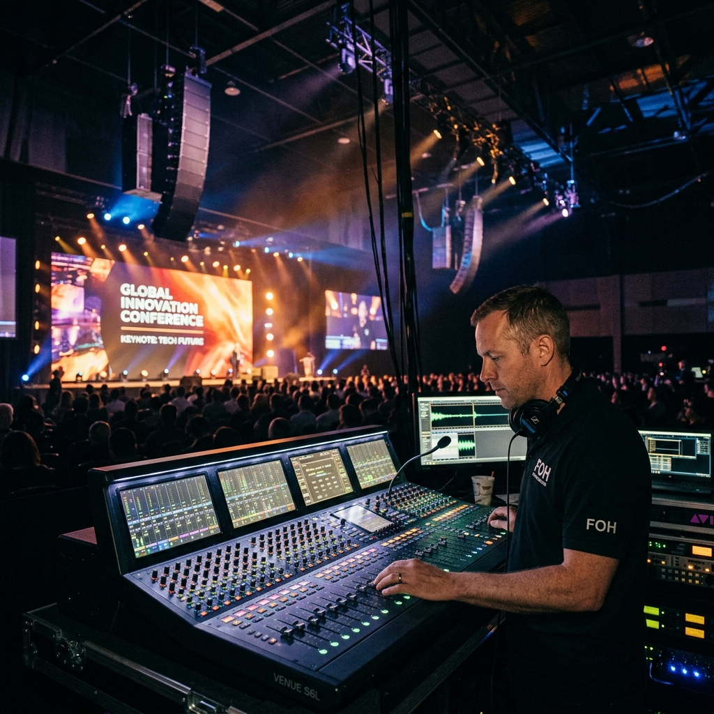 Audio engineer at large format mixing console at a corporate conference with line arrays overhead