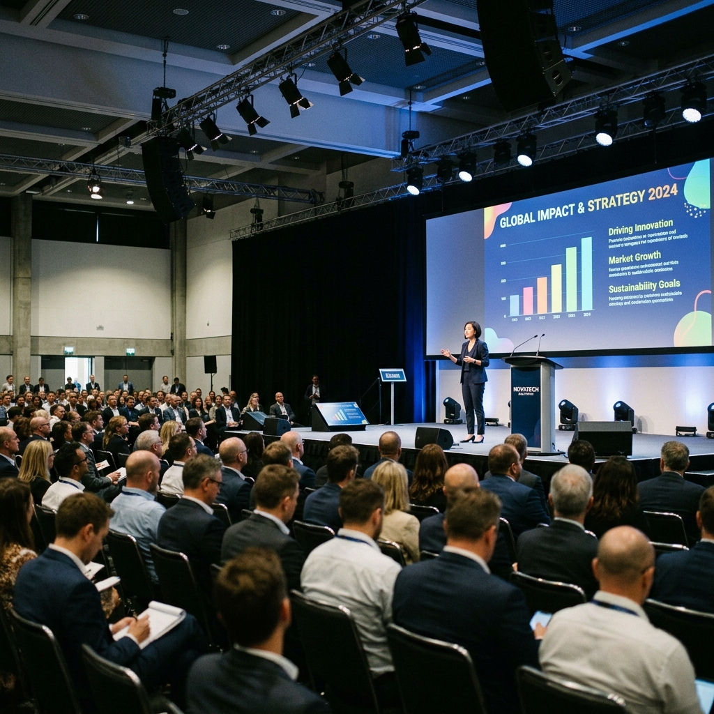 Corporate conference presenter at podium with large rear projection screen and professional AV setup