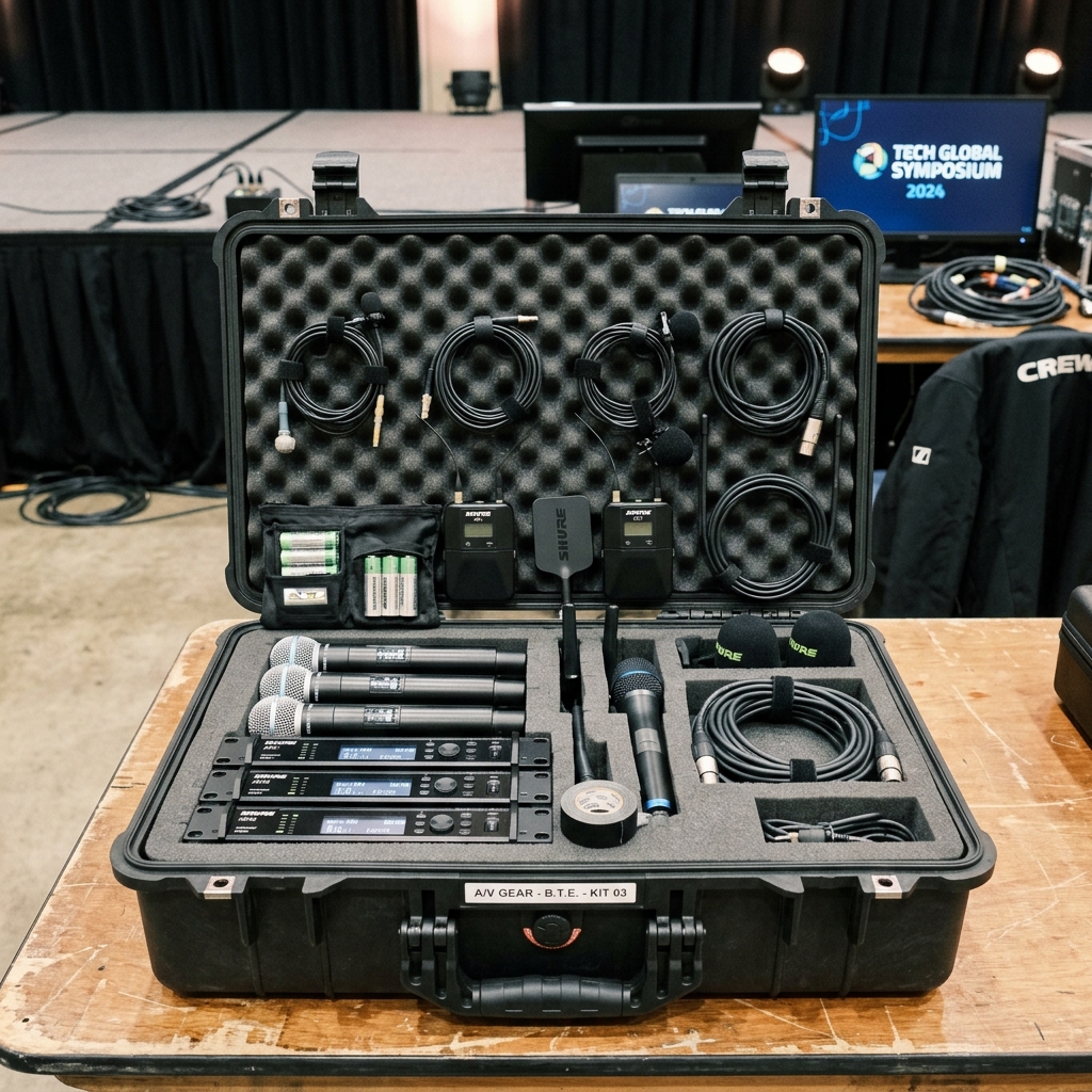 Professional wireless microphone systems and lavalier mics in foam-lined road case backstage