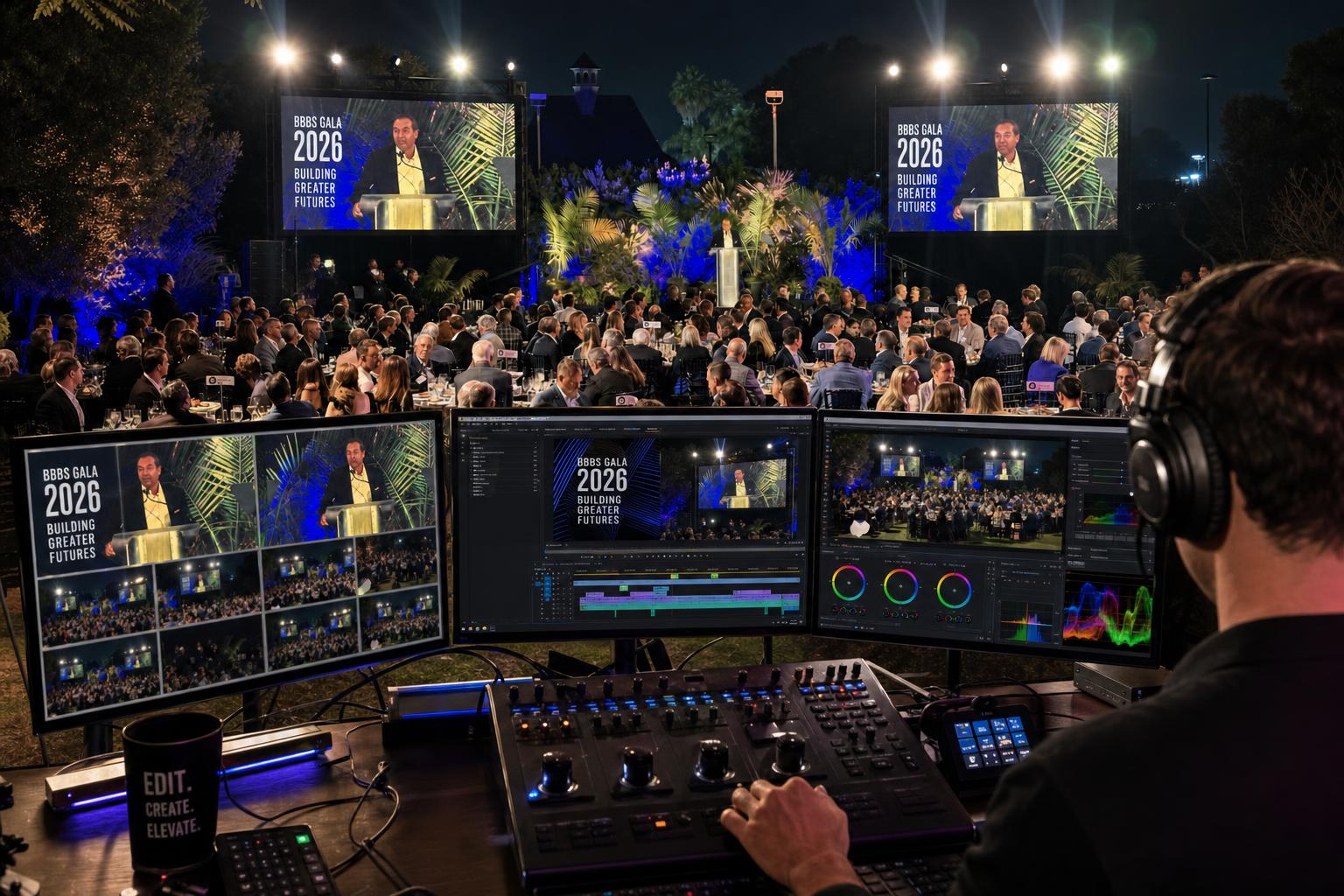 Video editor at a multiview workstation cutting cinematic keynote highlights and intro sequences