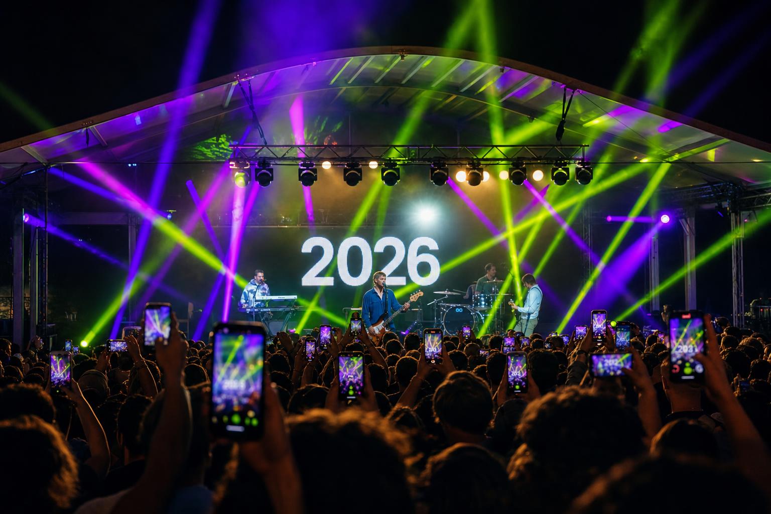 Live concert with flashy purple and green laser beams and crowd filming social clips on phones