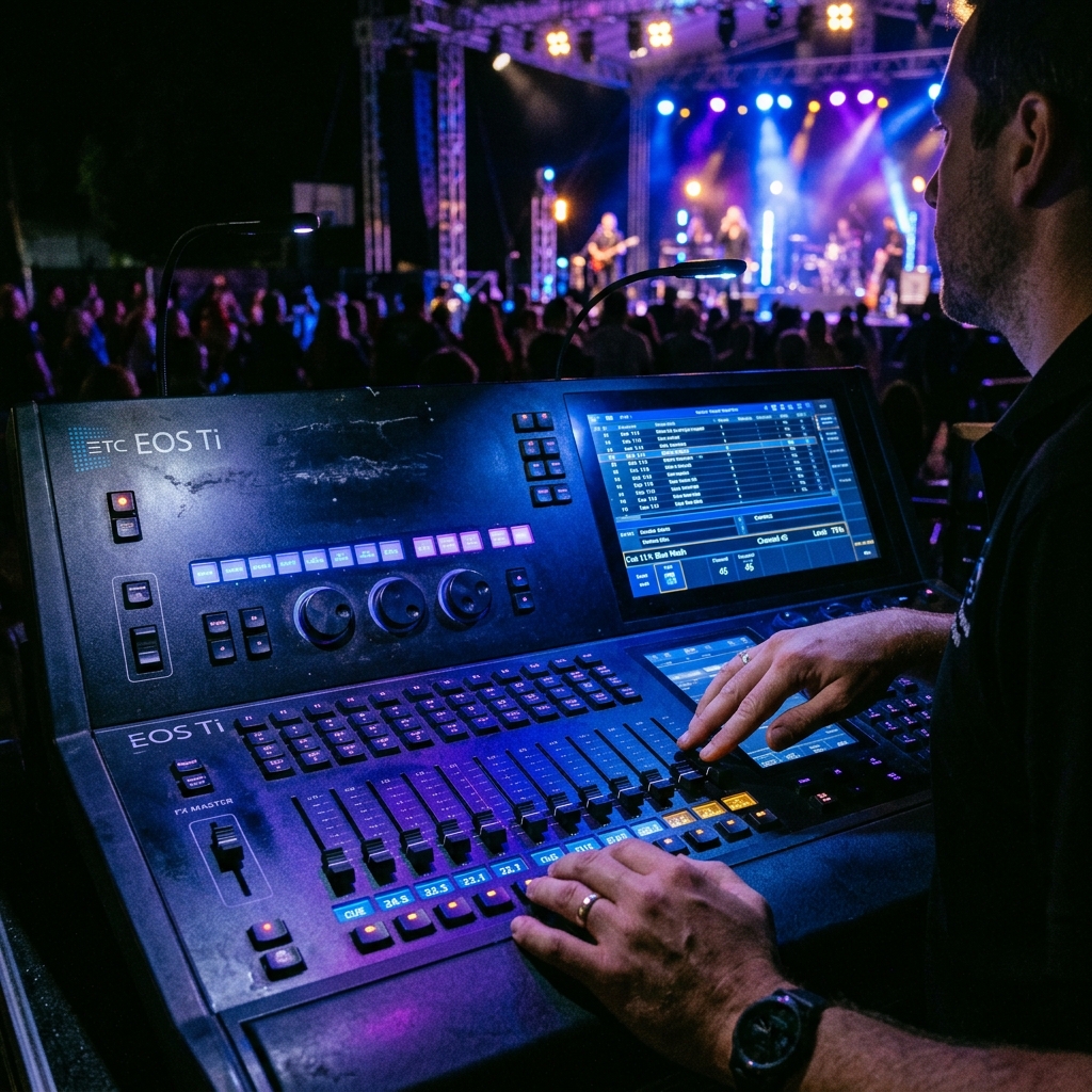 Lighting operator at a grandMA3 console during a live corporate event