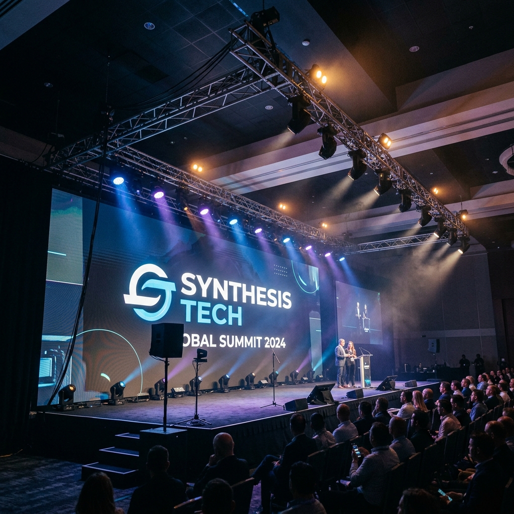 Massive LED video wall displaying a vivid purple and gold branded corporate event graphic