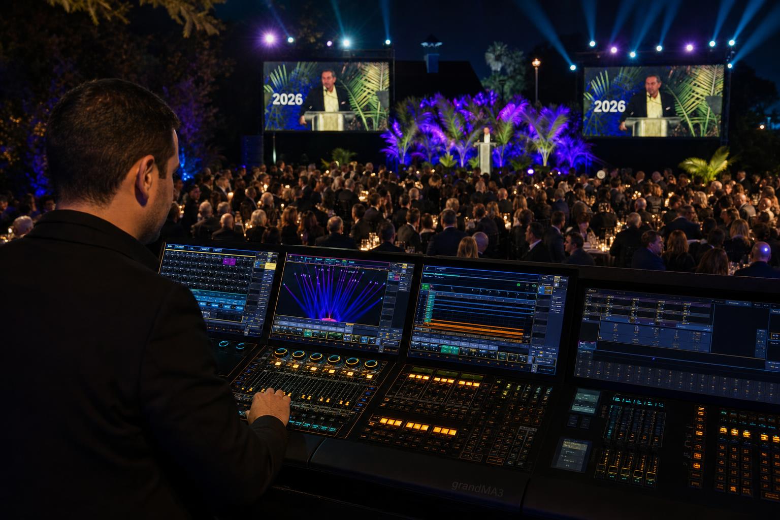 Lighting director operating a grandMA console during a live corporate gala with teal and purple stage washes visible behind the desk
