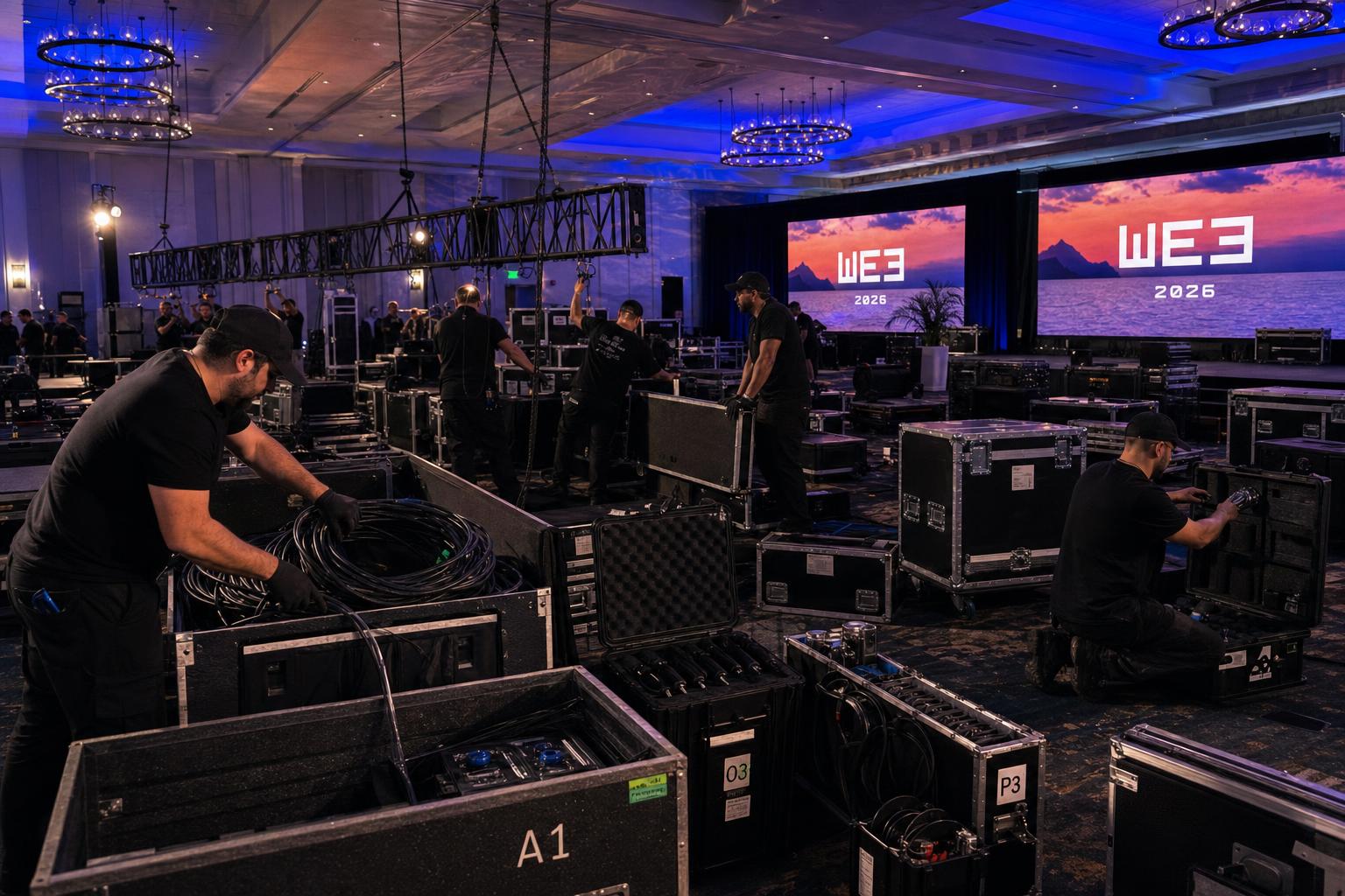 Production crew striking a corporate event, coiling cable into road cases with truss and cases visible in the background