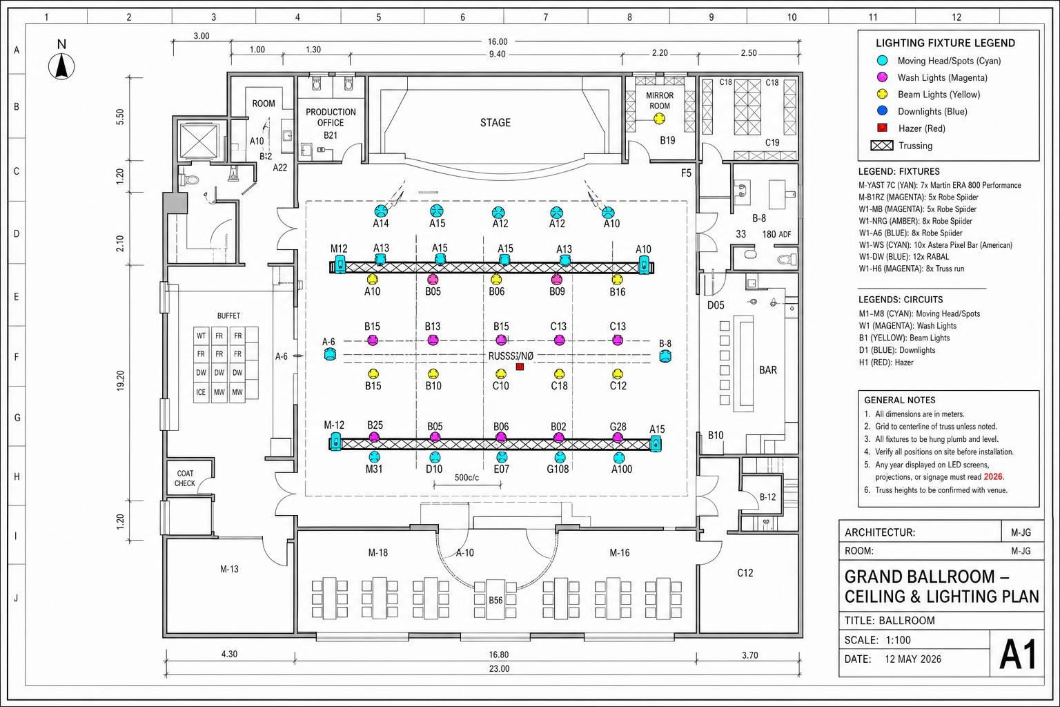 Digital CAD ceiling and lighting plot for a grand ballroom with color-coded moving heads, wash lights, truss, and fixture circuit legend