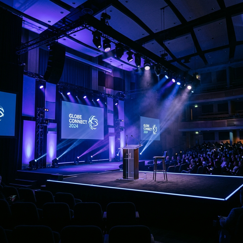 Corporate conference stage with dramatic indigo uplighting and moving head fixtures on truss