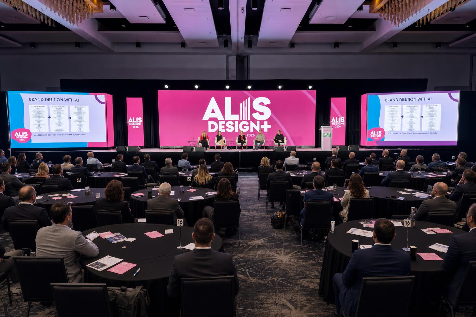 ALIS general session with multi-zone LED walls showing branded content and presentation slides