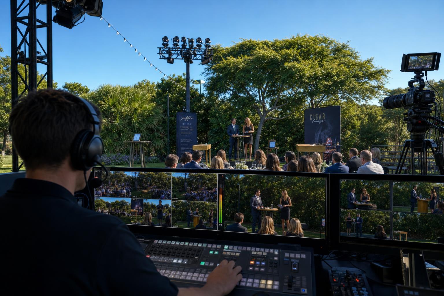 Live streaming director at multiview monitors during BBBS general session