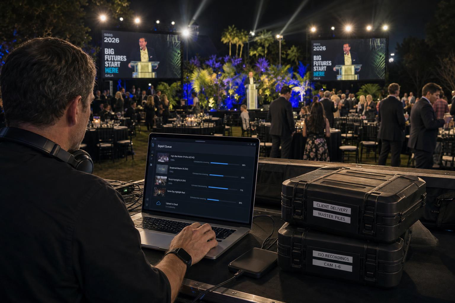 Producer exporting same-day highlights and client delivery files after BBBS gala live stream