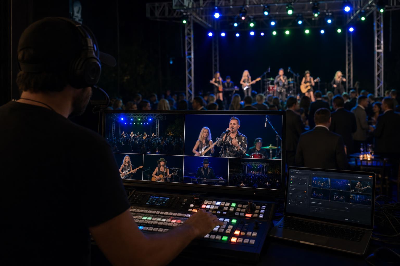 Technical director at live switcher with multiview of outdoor concert stage