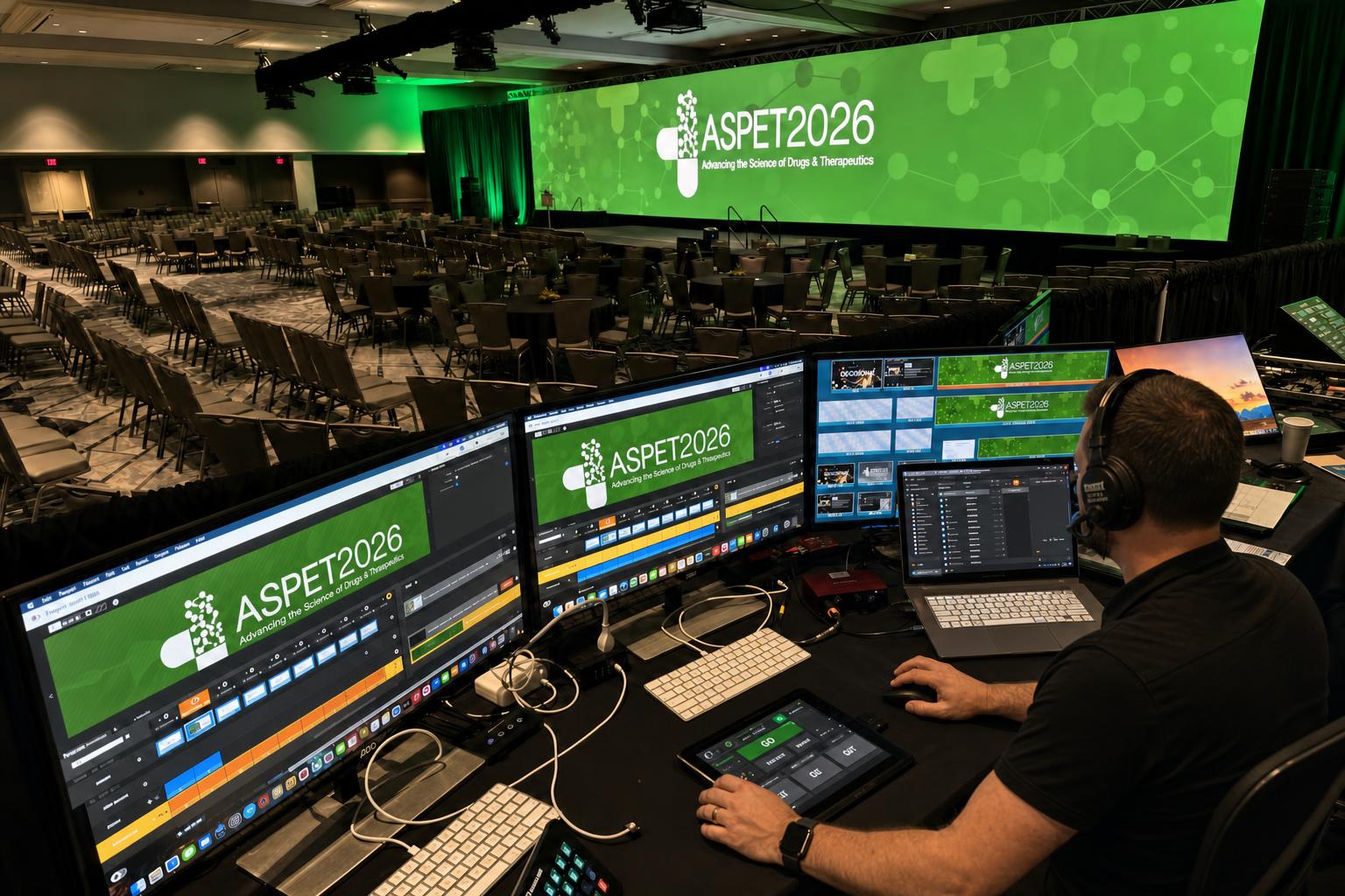Streaming technical director testing encoders and stream paths at multiview monitors