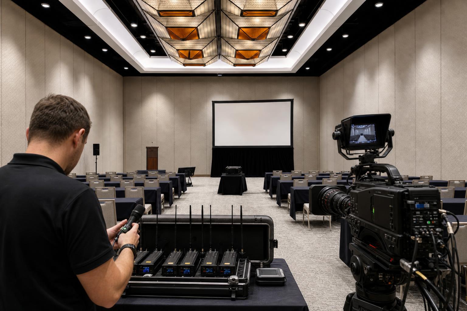 AV technician configuring wireless microphones and broadcast camera in breakout room