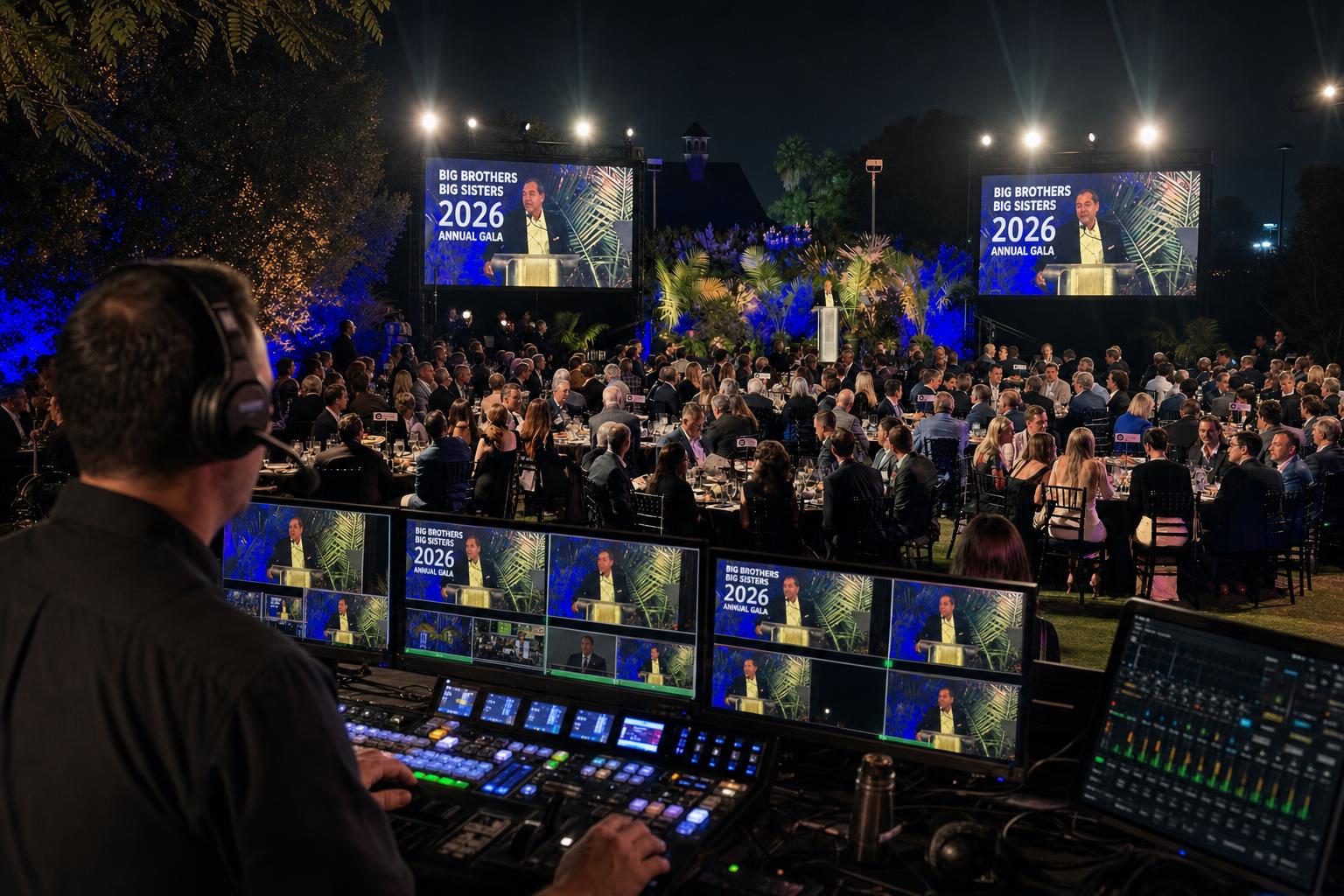 Technical director at live switcher during outdoor gala with LED IMAG screens