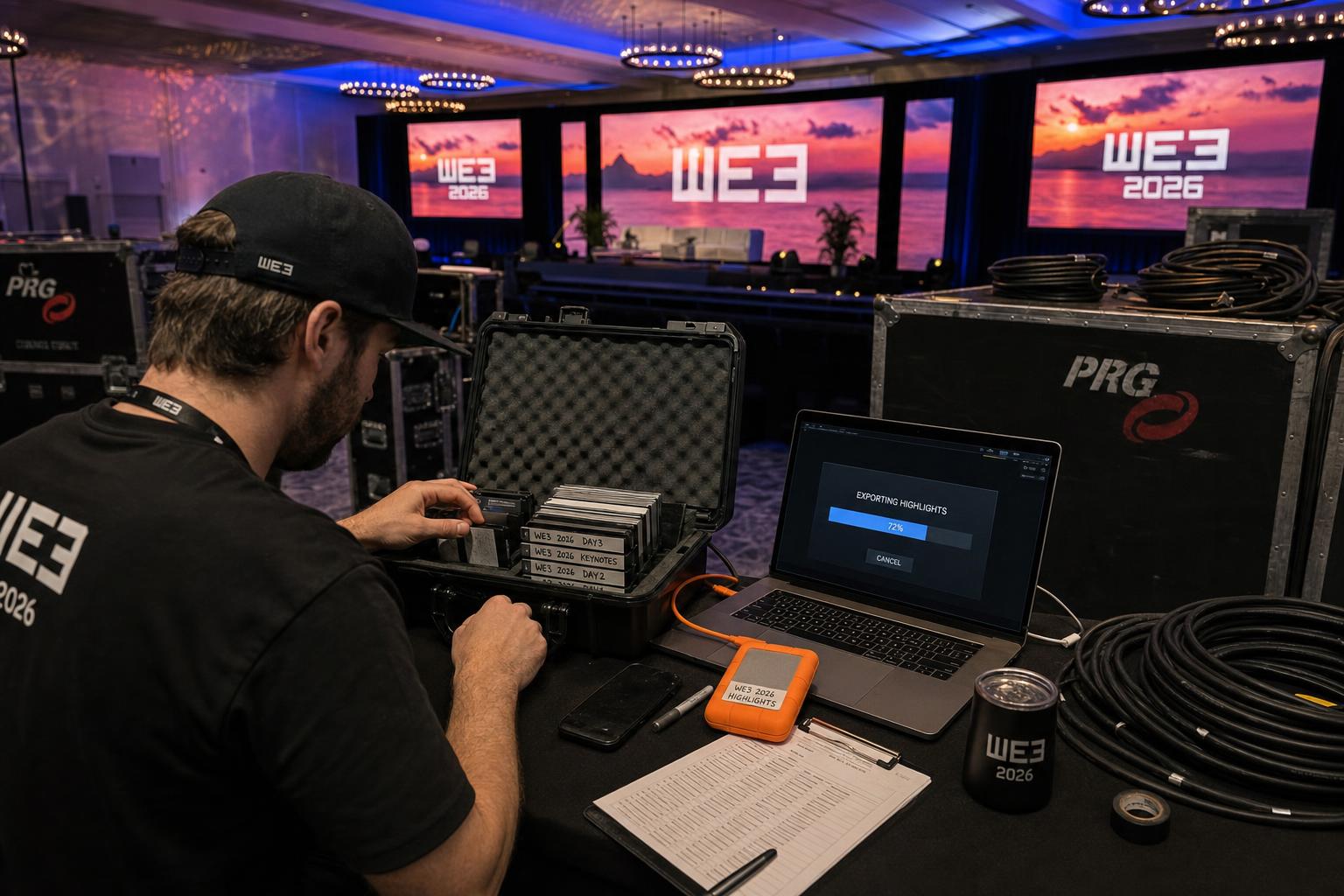 Producer organizing post-stream recordings and highlight deliverables after event
