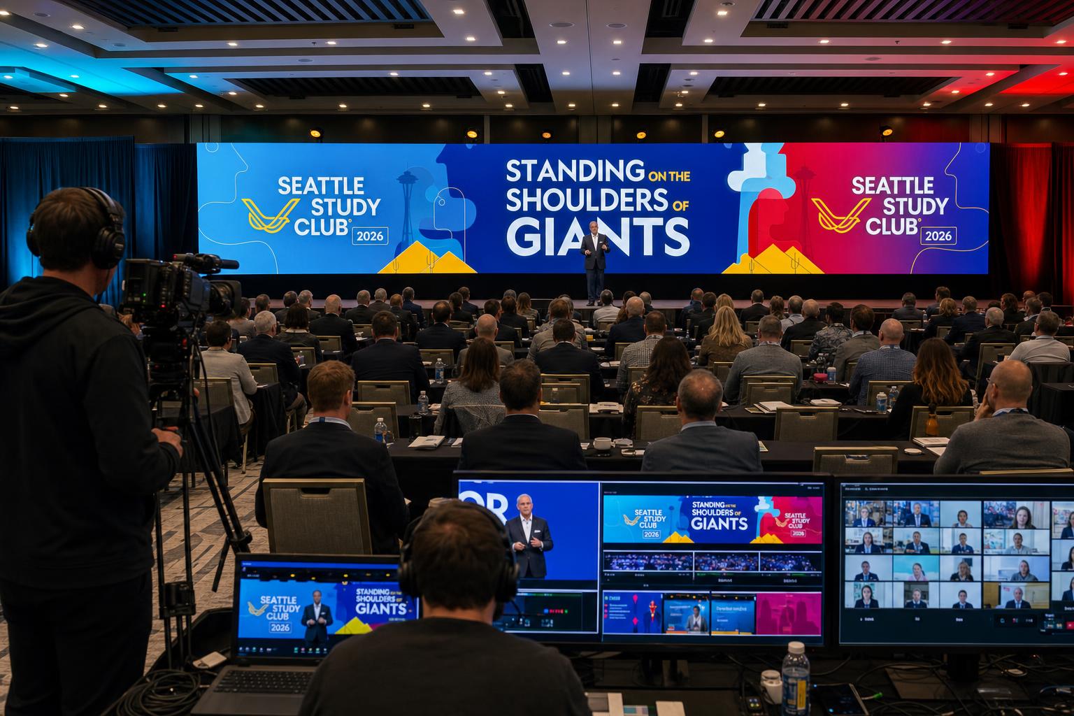 Hybrid corporate webcast with live audience, stage presentation, and streaming production crew