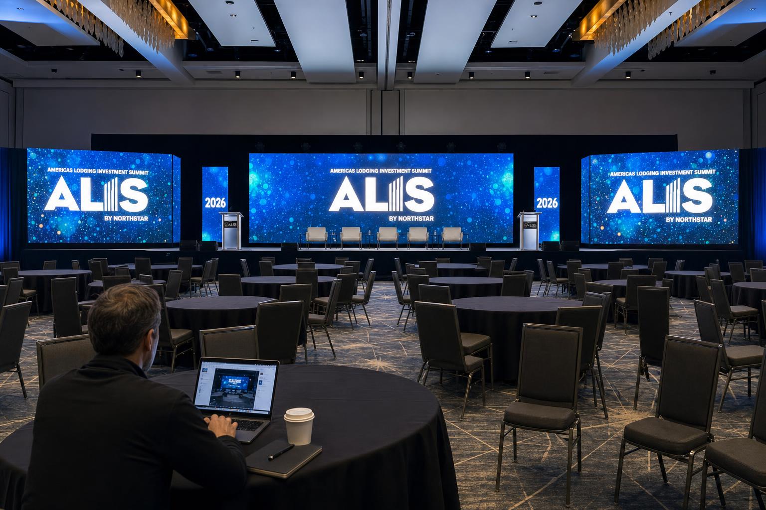 Designer reviewing empty ALIS general session LED wall layout before doors open