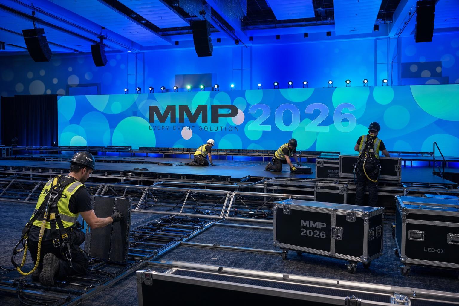 Crew assembling LED panel tiles on ground support in corporate ballroom