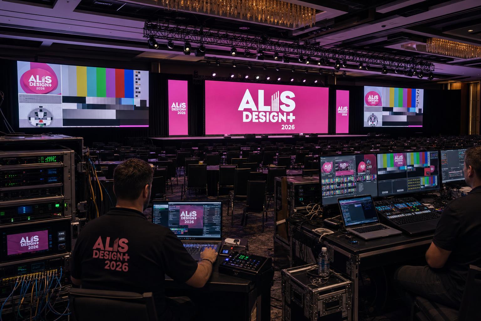 Video engineer at FOH laptop and processor rack calibrating multi-zone ALIS LED walls with test patterns