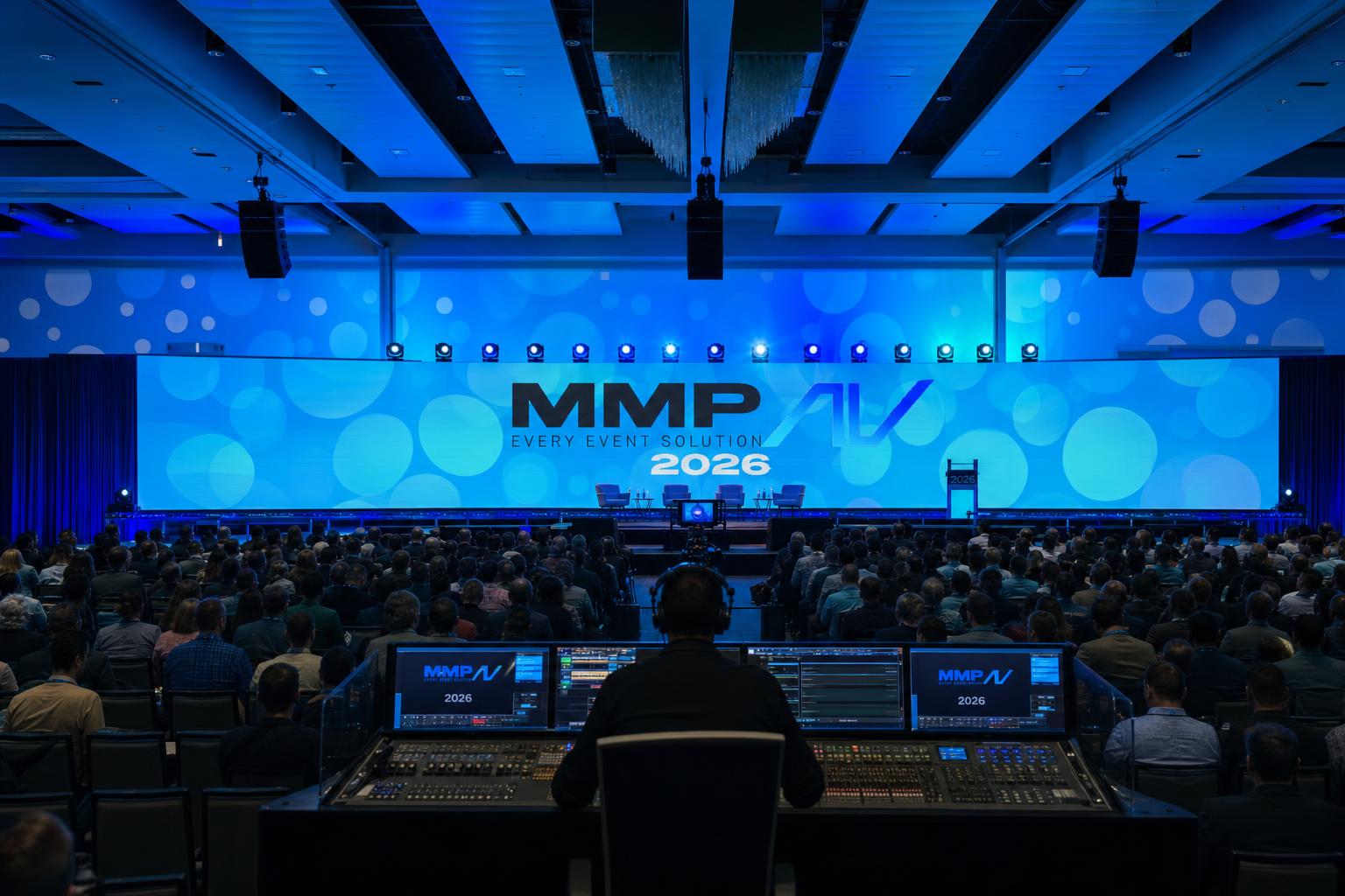Operator running LED wall playback during packed corporate keynote