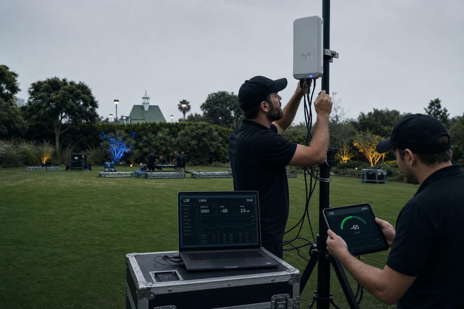 Technicians deploying CBRS LTE antenna and running connectivity tests before guests arrive
