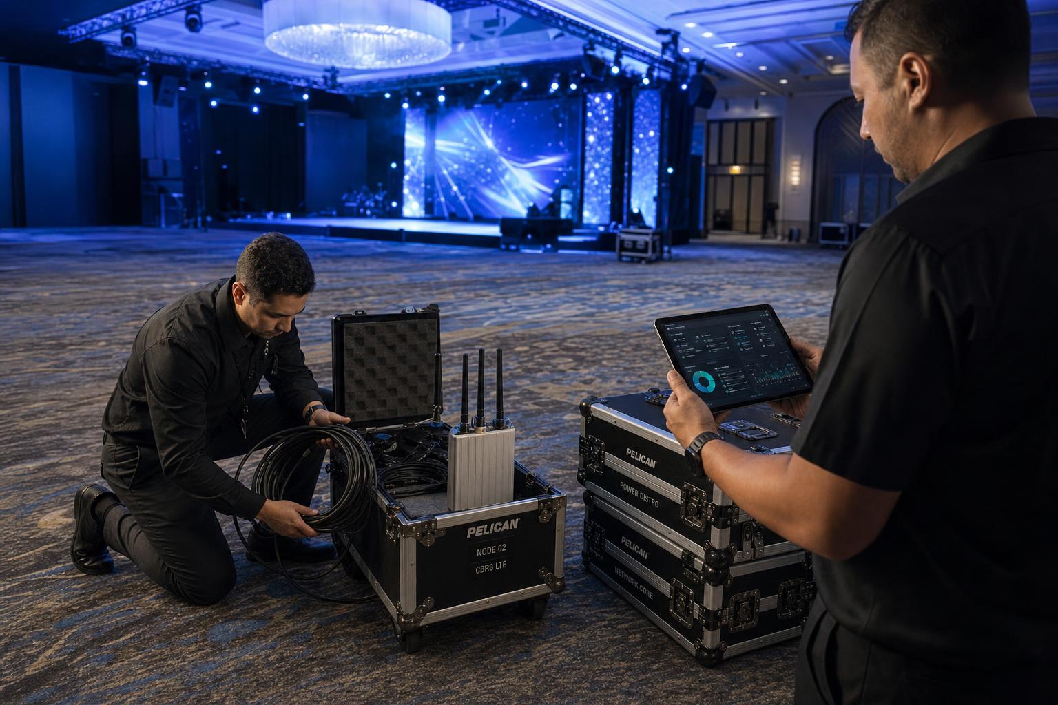 Network crew packing CBRS LTE gear into road cases while engineer reviews post-event summary report on tablet