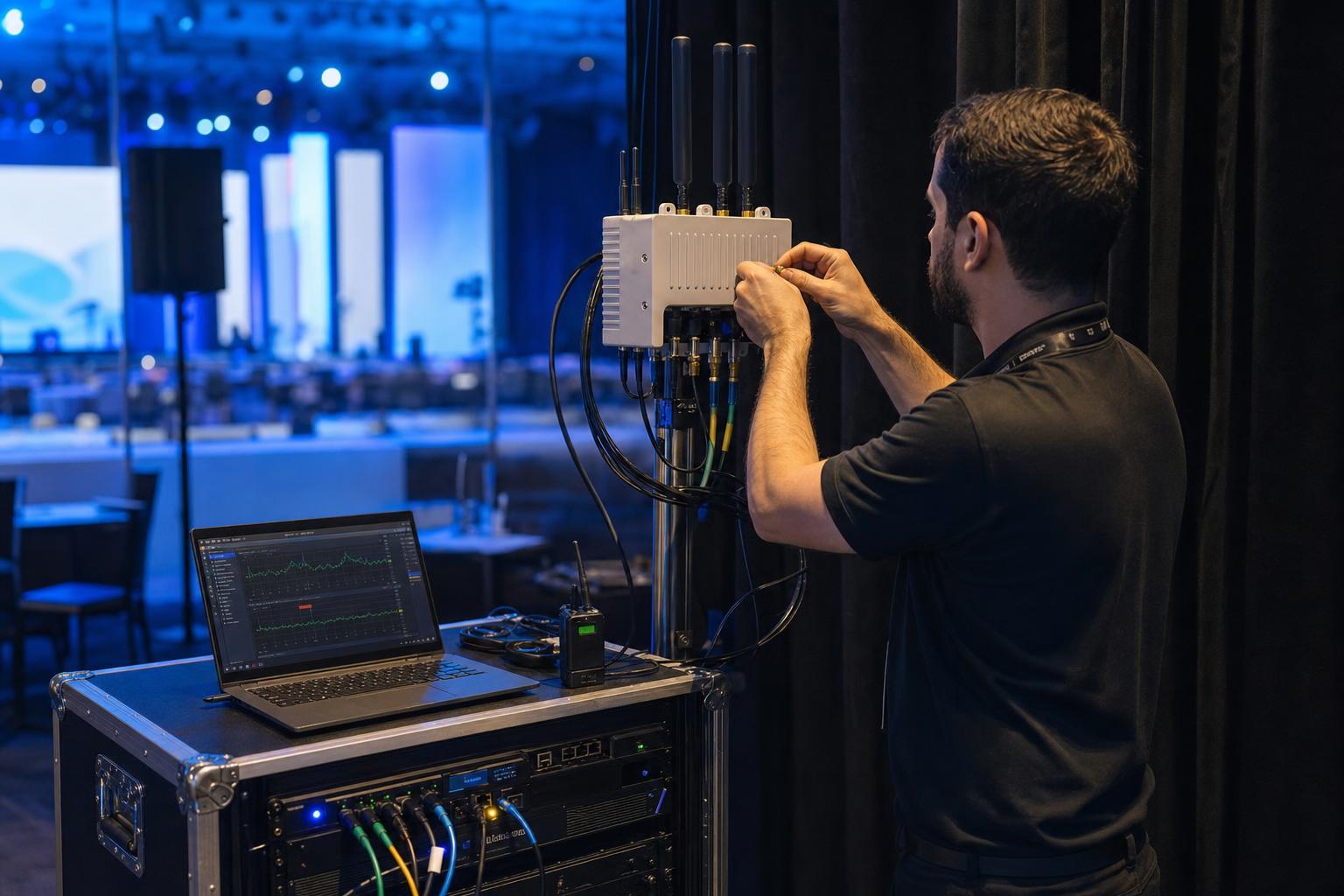 Network engineer configuring CBRS LTE antenna node at corporate event venue