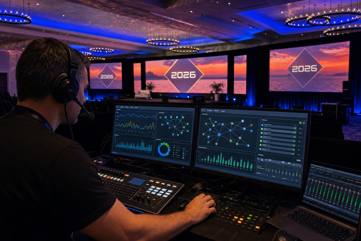 On-site network engineer monitoring live throughput dashboard during event