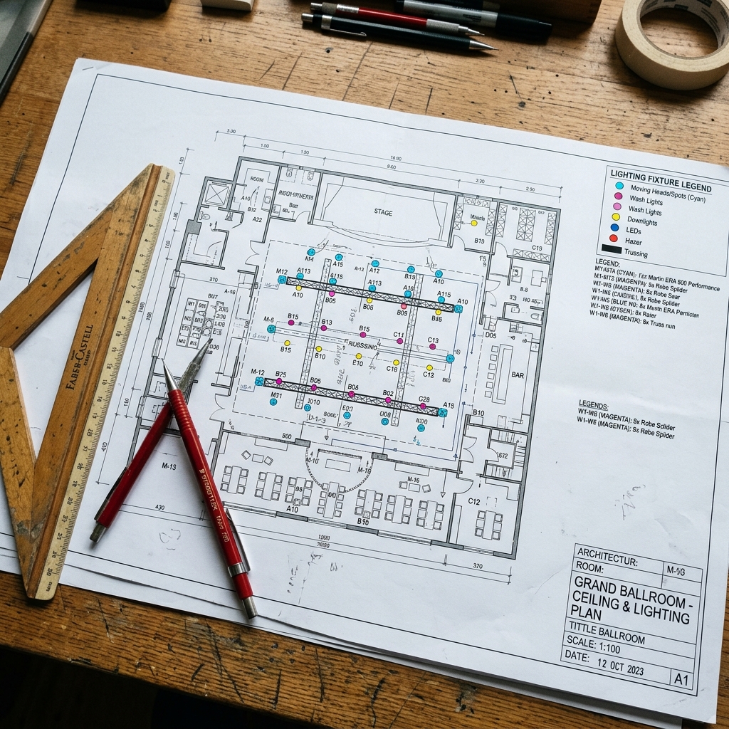 AV technician reviewing venue plans and load-in checklist