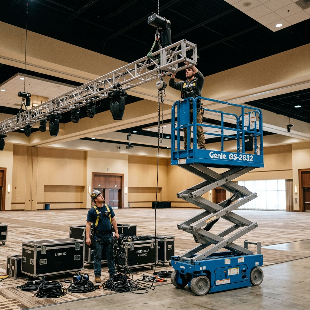 AV crew loading in equipment and running cable at event venue