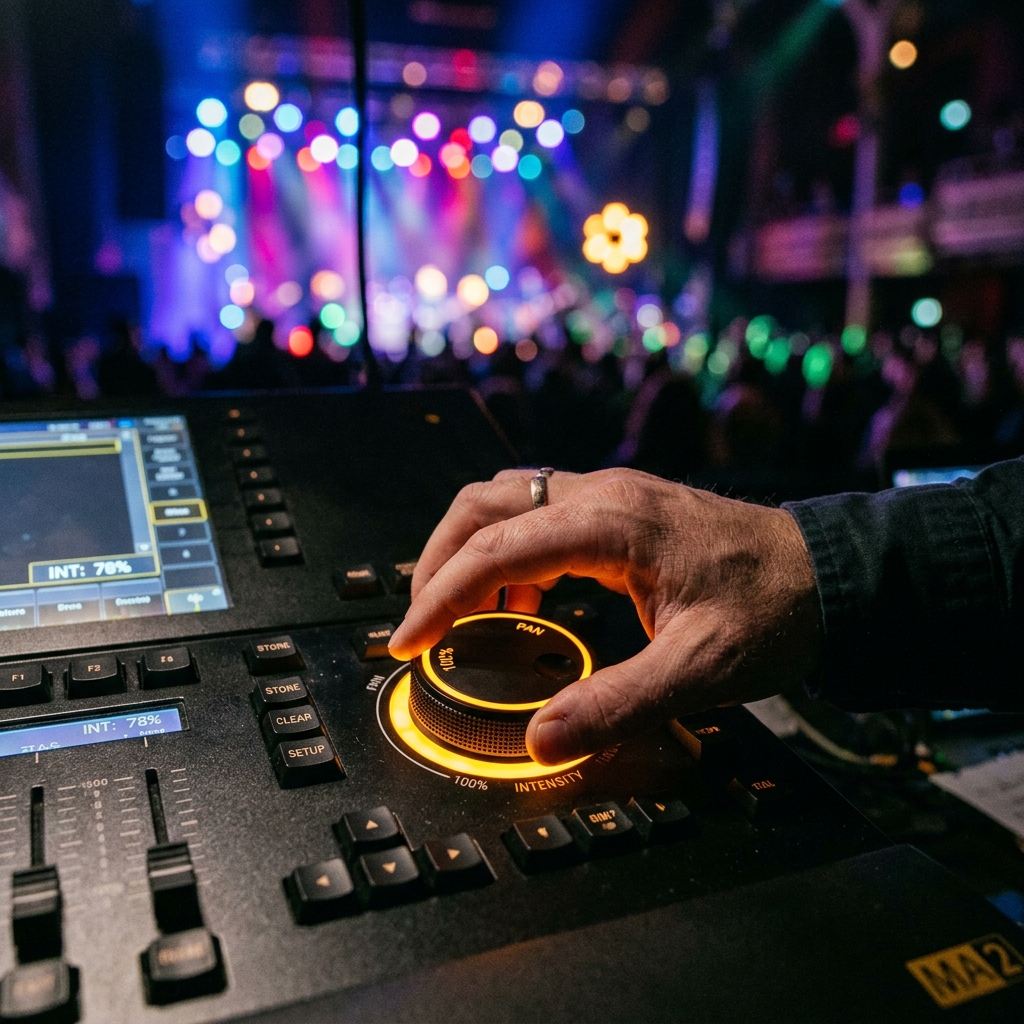 Audio engineer running soundcheck with presenter before event