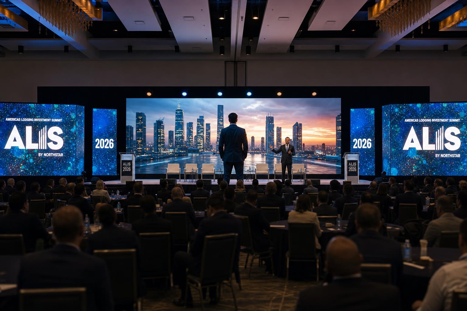 Presenter on stage with cinematic brand film playing on a large LED wall at a corporate summit
