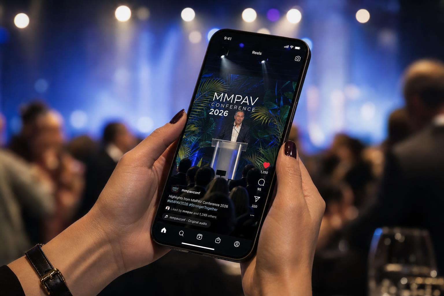 Hands holding a smartphone watching an Instagram Reels highlight from a conference keynote