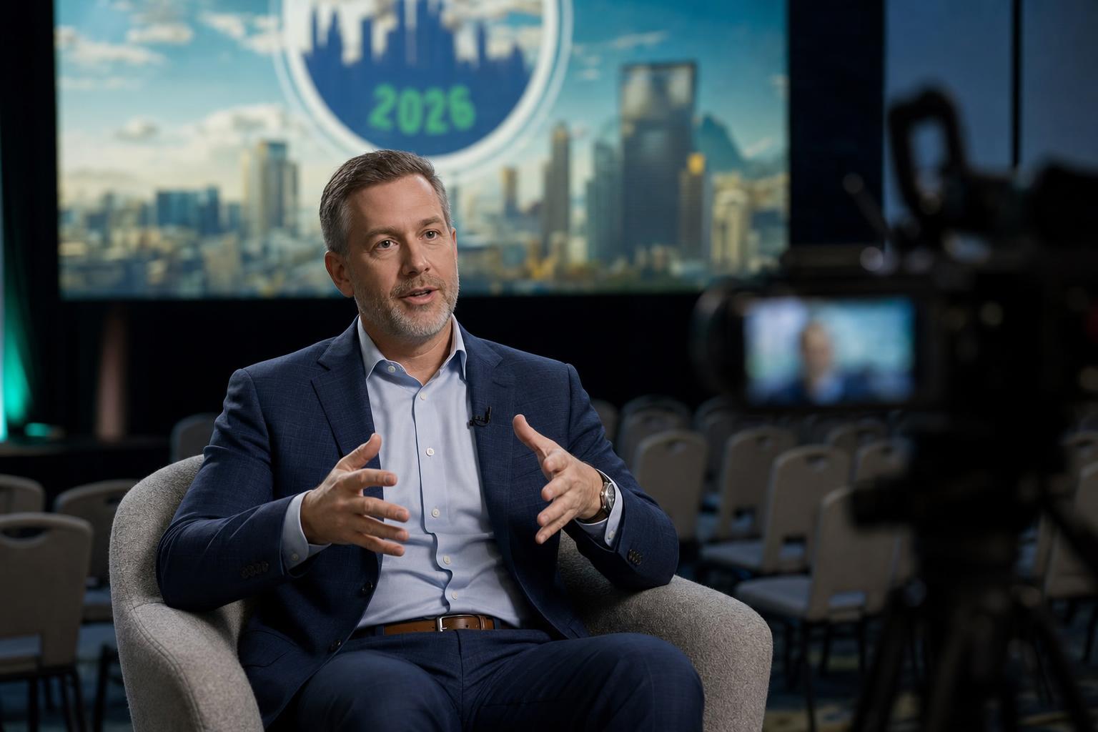High-end two-camera CEO interview with professional lighting and cinema camera in foreground