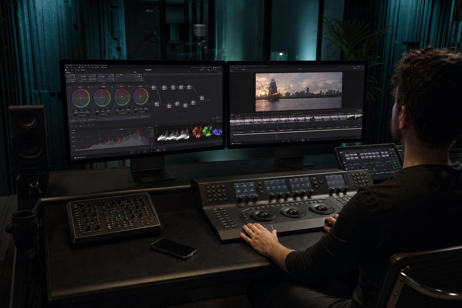 DaVinci Resolve color grading suite with dual monitors, scopes, and professional control surface