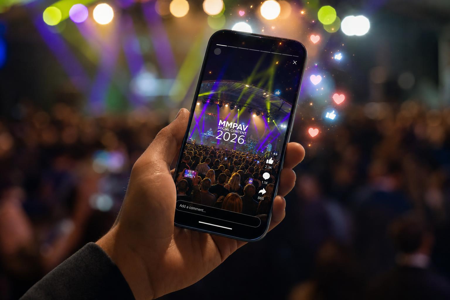 Smartphone showing conference social content with floating like and heart engagement icons