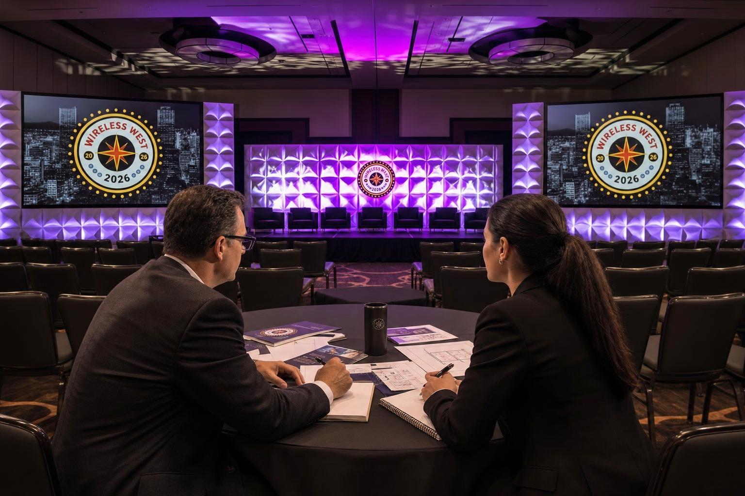 Video producer and client reviewing story plan at corporate event set