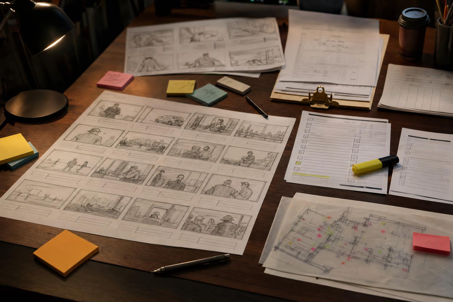Storyboard panels, shot list, and call sheet spread on a production planning desk