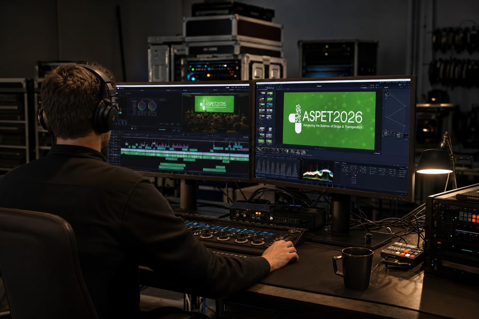 Video editor color grading corporate event footage at dual-monitor post suite
