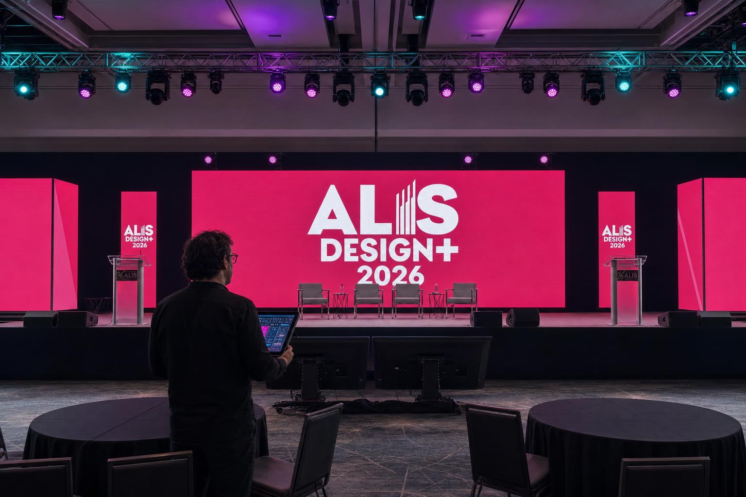 ALIS Design+ corporate conference stage with overhead lighting truss, intelligent fixtures, and a lighting designer reviewing the room from front of house