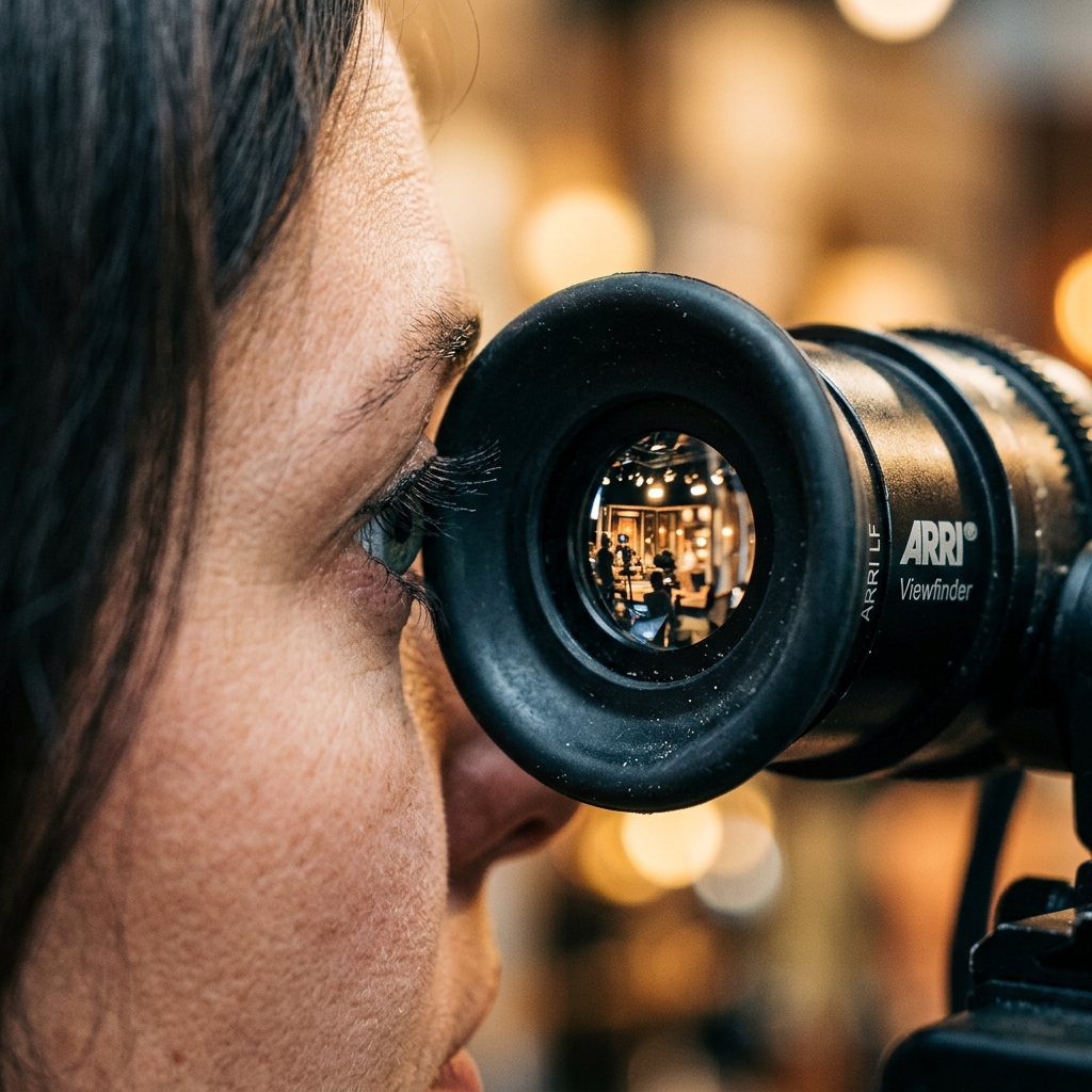 Camera operator's eye to the viewfinder of an ARRI cinema camera, the stage reflected in the glass
