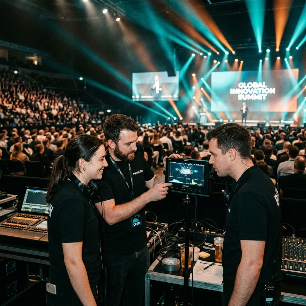 Three MMPAV crew members in black shirts reviewing monitor playback at front of house while a lit stage with a full audience fills the background