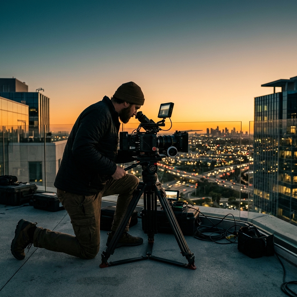 Lone videographer kneeling beside a cinema camera at magic hour on an Orange County rooftop, city lights below