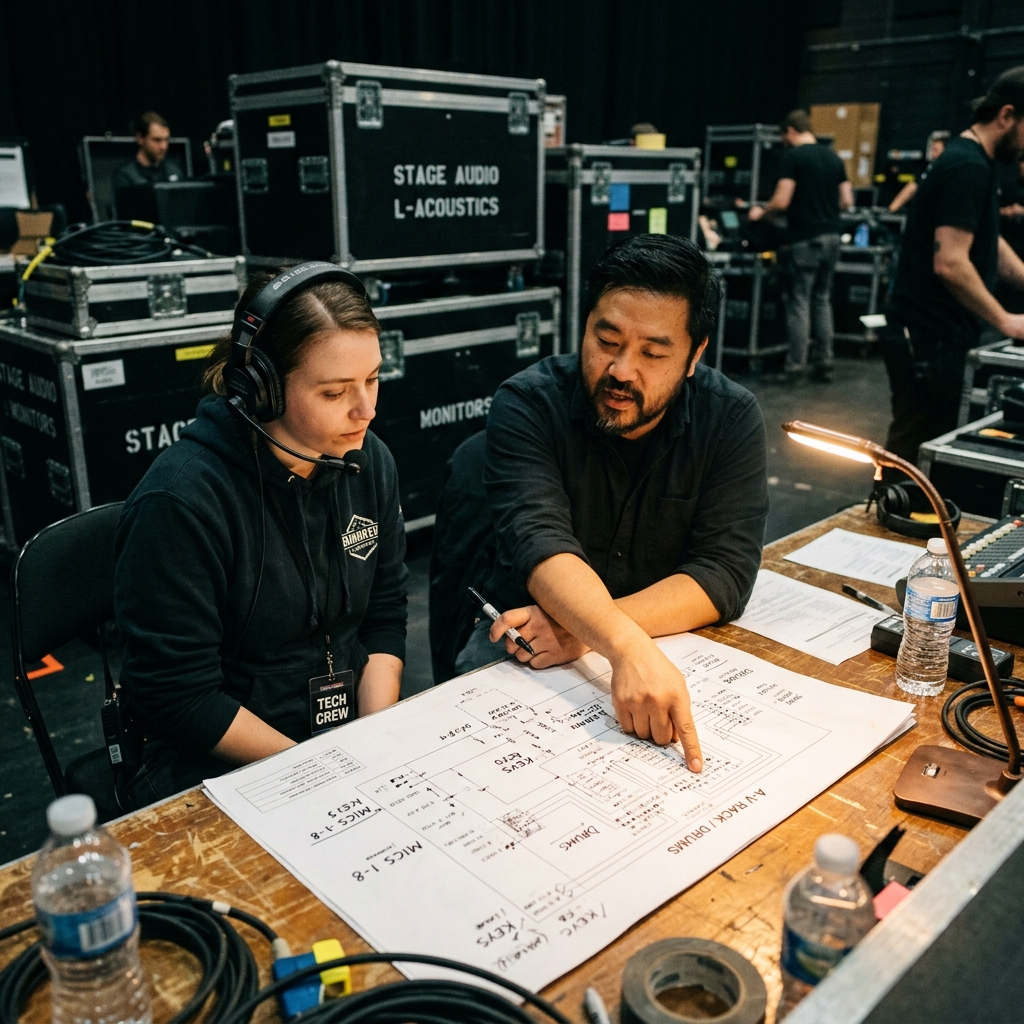 Two production professionals reviewing a stage plot in a backstage production meeting, road cases and work lamp in background