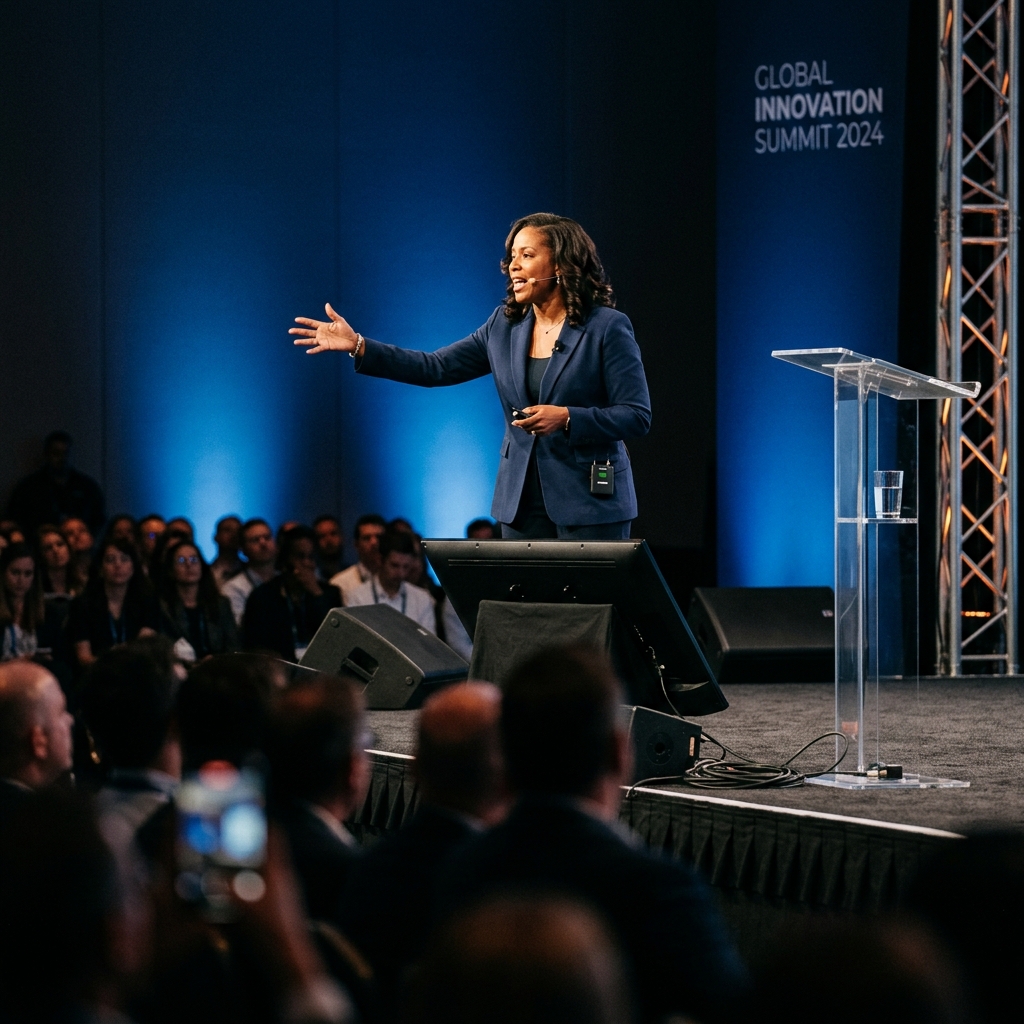 Corporate keynote speaker on a beautifully lit stage with warm spotlight and blue background wash, engaged audience in foreground