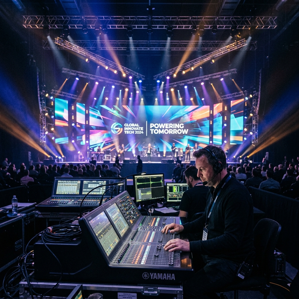 Professional AV mixing desk and lit corporate conference stage