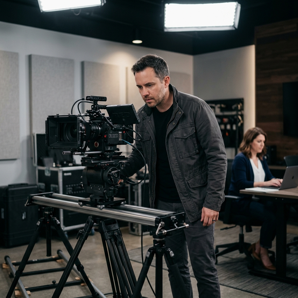 Brand video production with filmmaker and camera in studio