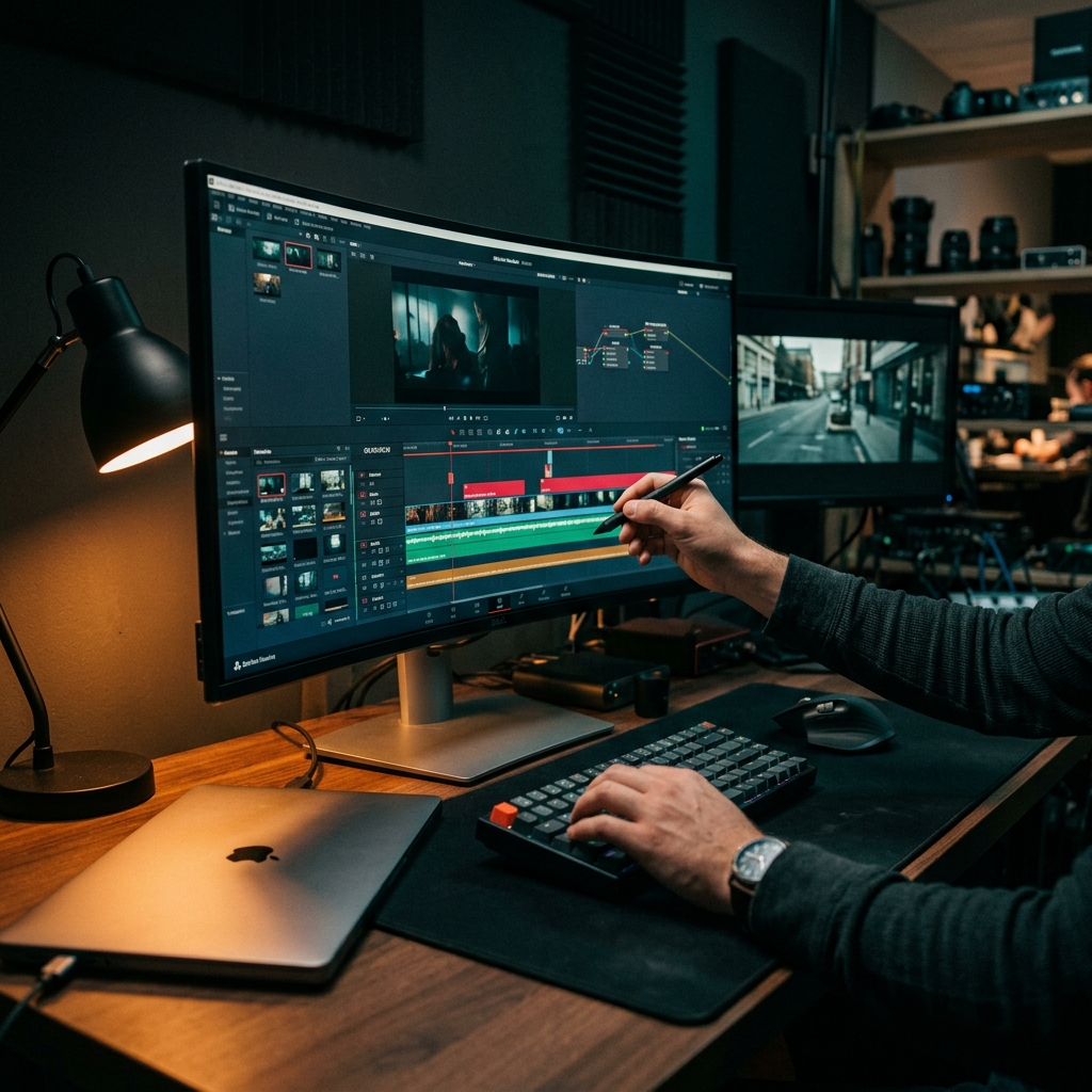 Creative director reviewing a video edit on a large monitor in a cinematic dark edit suite