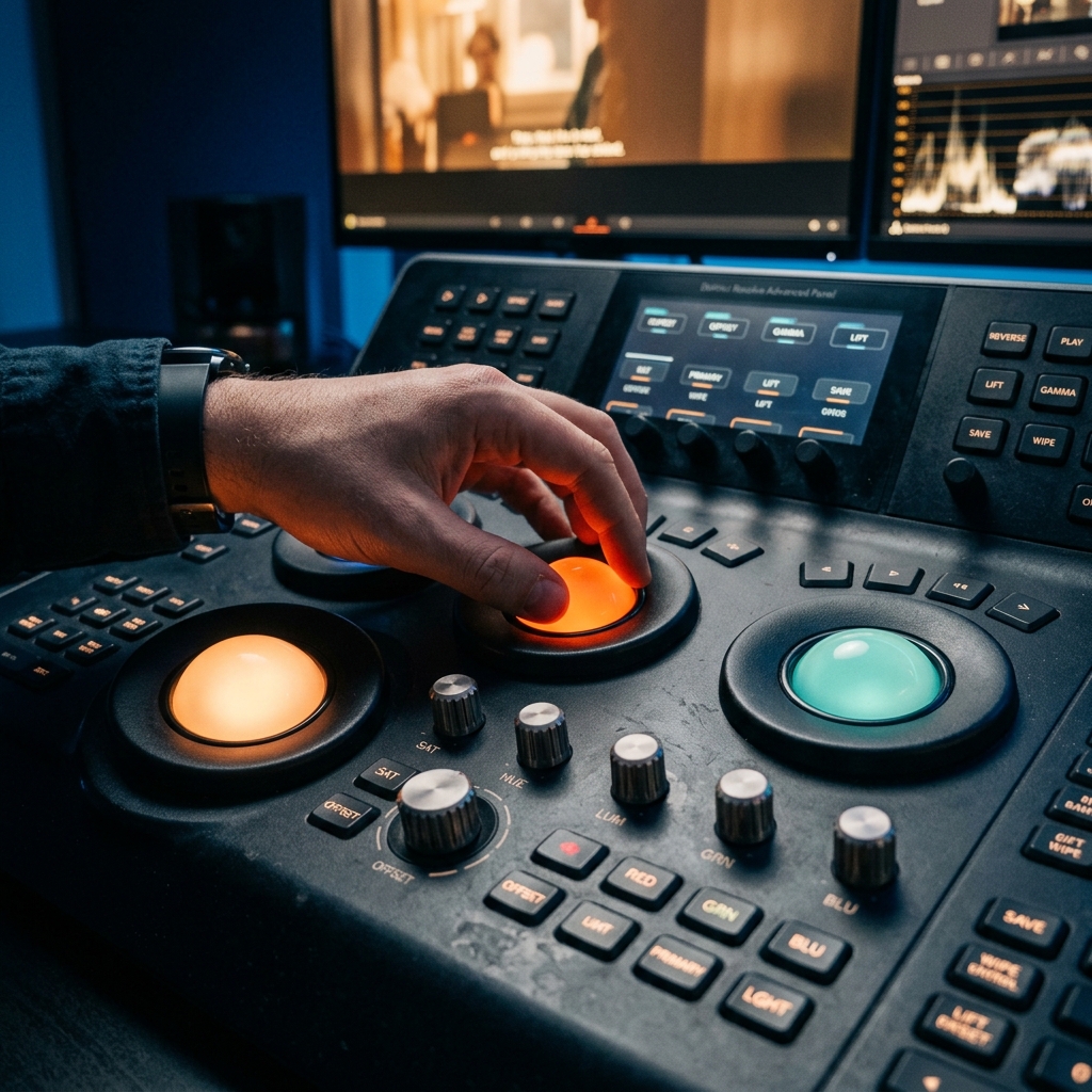 Video editor with headphones at a three-monitor post-production workstation reviewing color grade